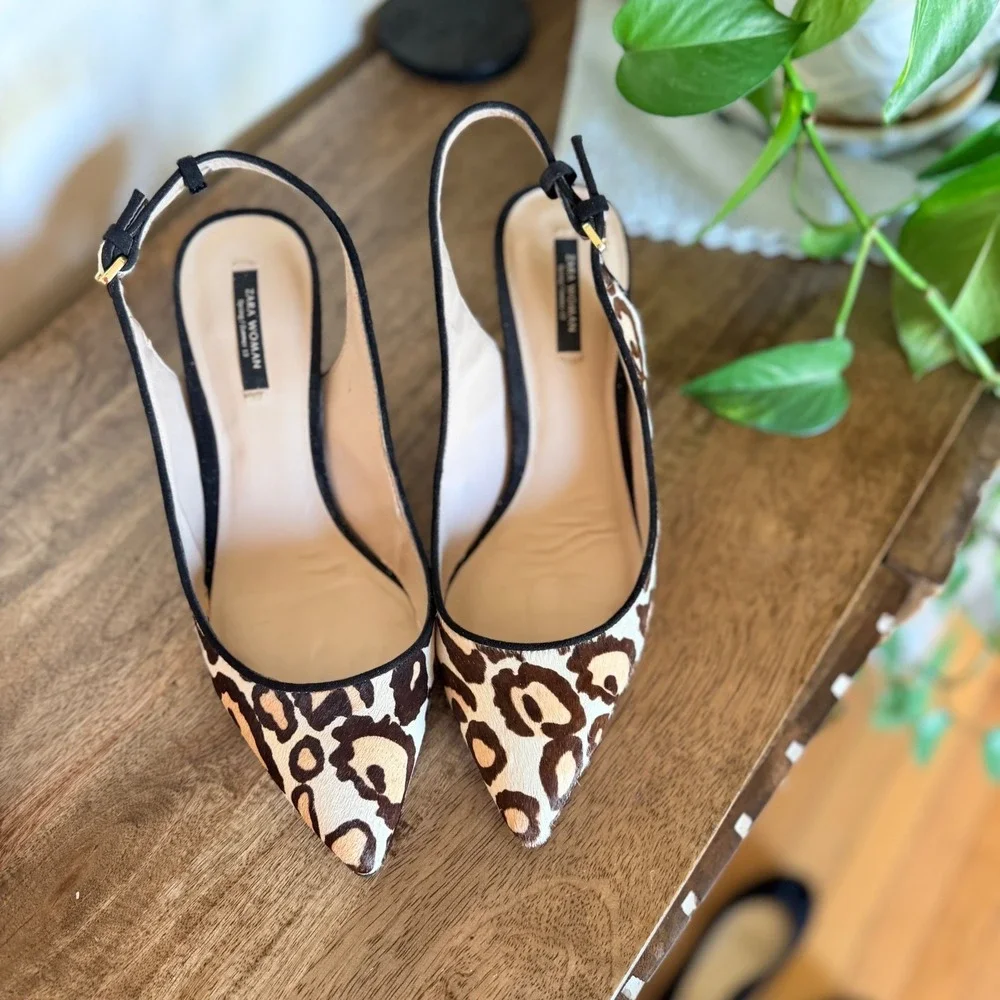 Zara Woman Slingback Heels Womens 38 Leopard Print Calf Hair Kitten Heel Pointed